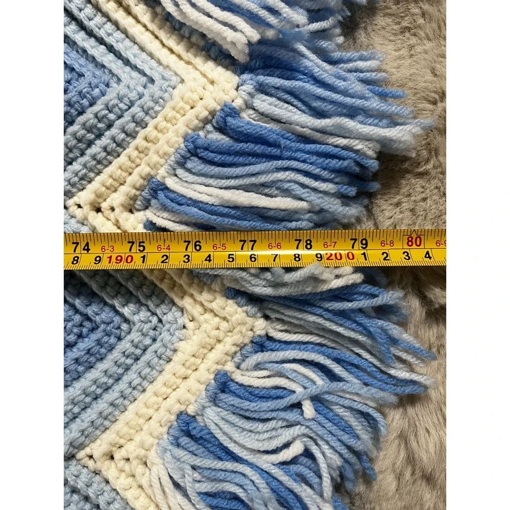 VTG Handmade Chevron‎ Crochet Afghan Throw Blue White Fringe 77x40 🇺🇸